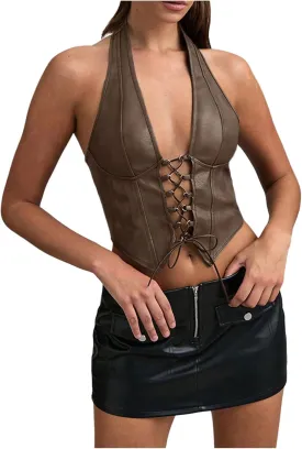 SOLY HUX Women's PU Leather Halter Top Lace Up Sleeveless Backless Y2k Crop Tank Tops