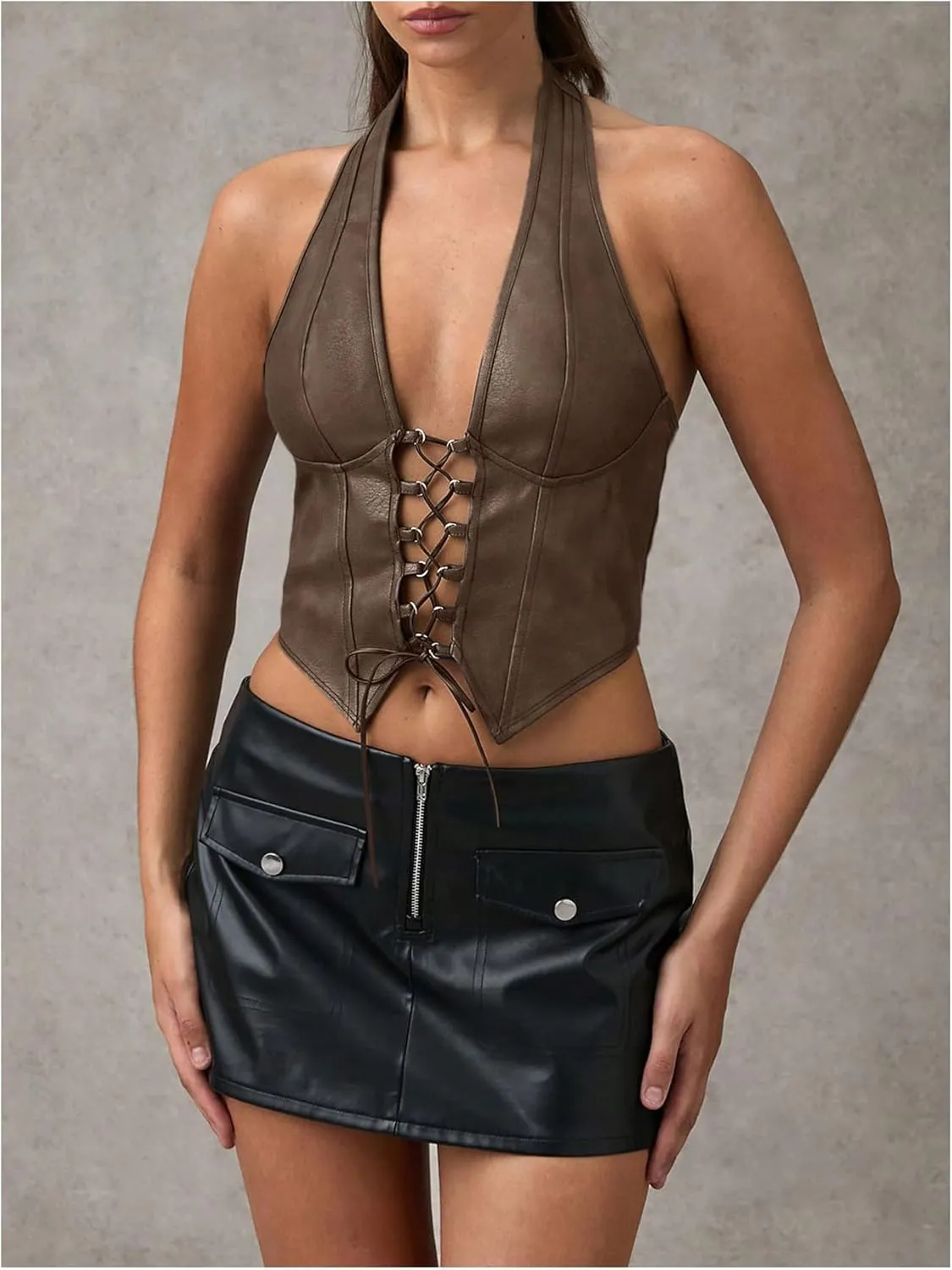 SOLY HUX Women's PU Leather Halter Top Lace Up Sleeveless Backless Y2k Crop Tank Tops