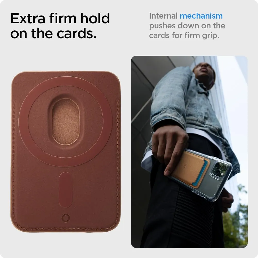 Spigen Magnetic Wallet Card Holder (MagFit) Designed for MagSafe Compatible with iPhone 16/15/14/13/12 Models - PU Brown (2-Cards)