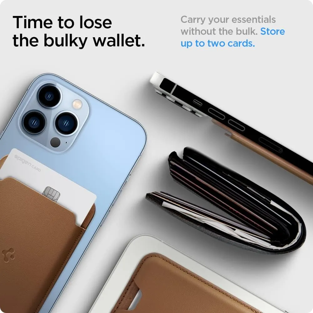 Spigen Magnetic Wallet Card Holder (MagFit) Designed for MagSafe Compatible with iPhone 16/15/14/13/12 Models - PU Brown (2-Cards)