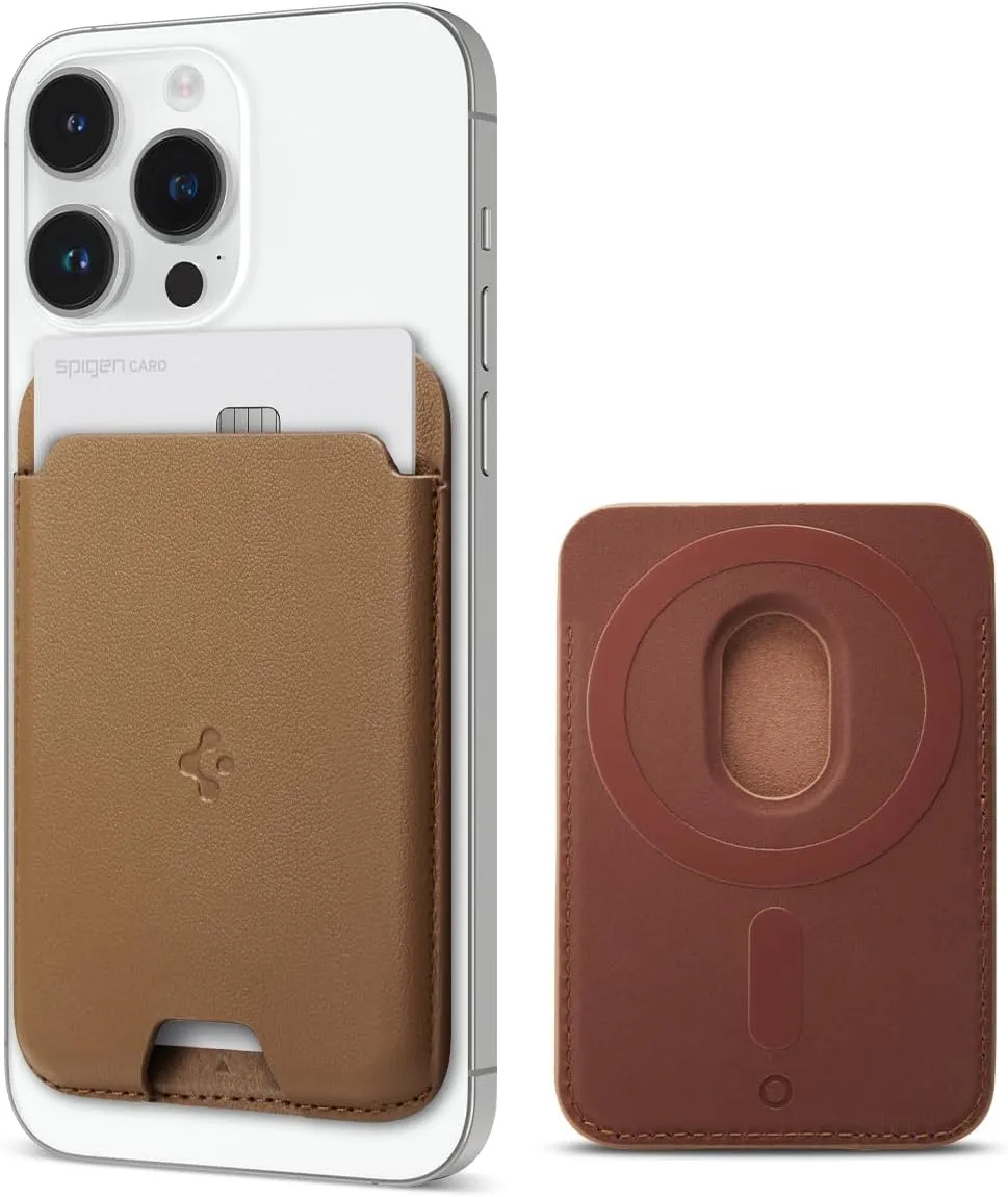 Spigen Magnetic Wallet Card Holder (MagFit) Designed for MagSafe Compatible with iPhone 16/15/14/13/12 Models - PU Brown (2-Cards)