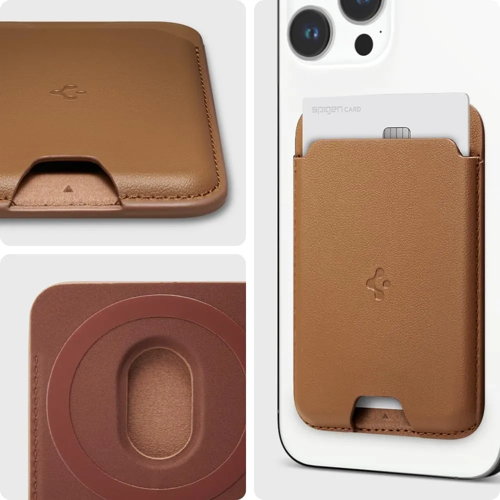 Spigen Magnetic Wallet Card Holder (MagFit) Designed for MagSafe Compatible with iPhone 16/15/14/13/12 Models - PU Brown (2-Cards)