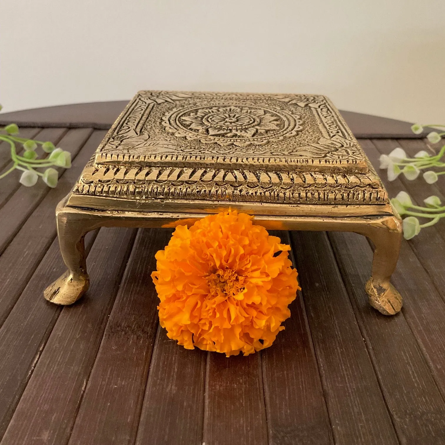 Square Brass Chowki For Idols And Pooja (Set of 2)