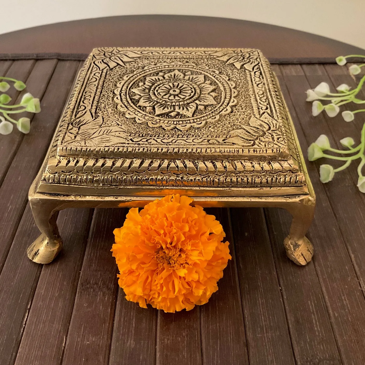 Square Brass Chowki For Idols And Pooja (Set of 2)
