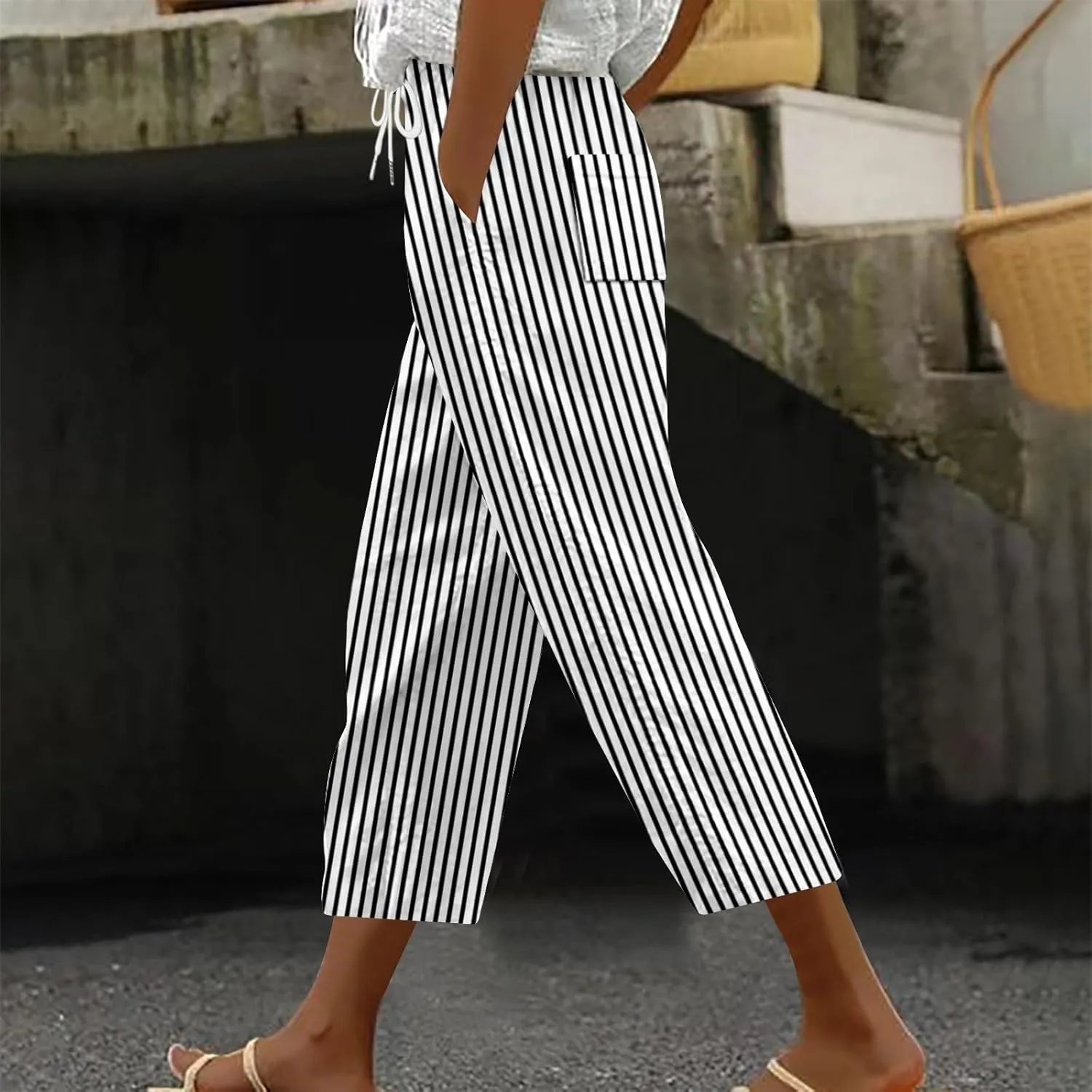 Stripe Color Block Capri Pants for Women Casual Straight Leg Capri Pants Drawstring Elastic Waist Cropped Trousers