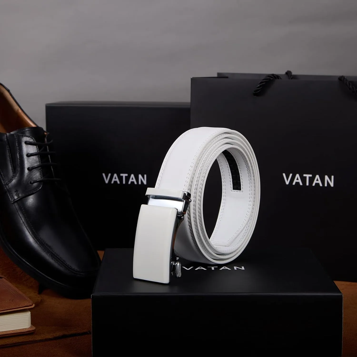 VATAN Men's Belt Leather Ratchet Belt for Men Dress Casual Every Day with Adjustable Buckle, Trim to Fit