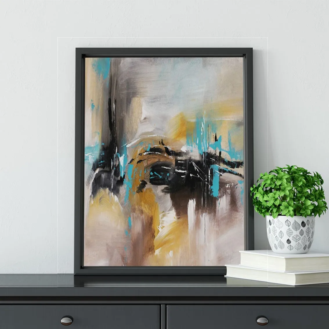 Vertical beige, black & teal abstract wall art print