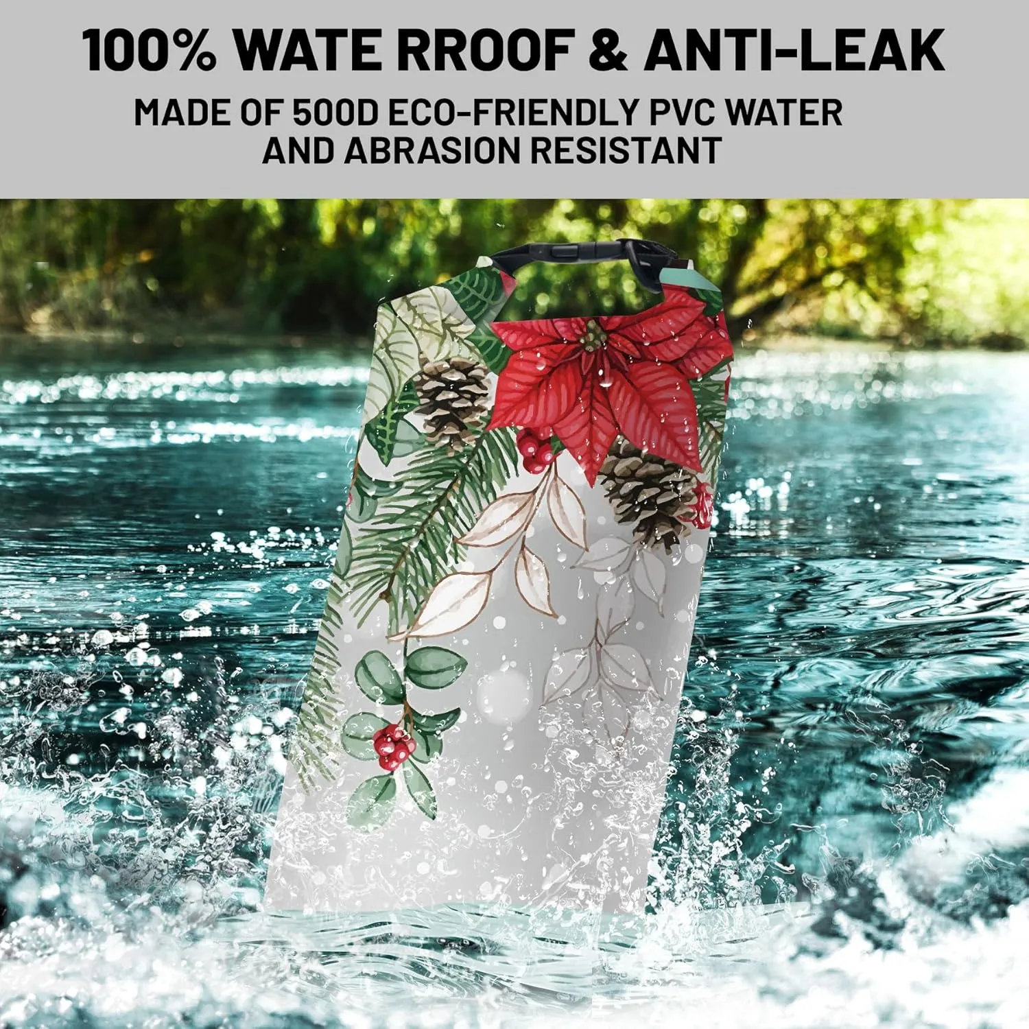 Waterproof Dry Bag,Roll Top Christmas Poinsettia Flower Pine Cones Waterproof Backpack 5L/10L/20L Floating and Lightweight Bags for Kayaking, Boating, Fishing, Swimming and Camping