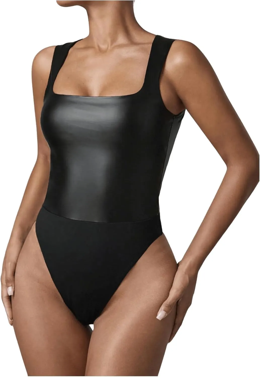 WDIRARA Women's PU Leather Bodysuit Tank Tops Square Neck Sleeveless Slim Fit Leotard Top