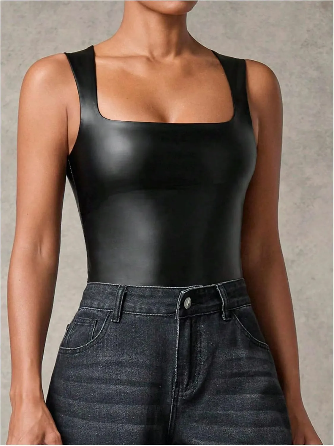 WDIRARA Women's PU Leather Bodysuit Tank Tops Square Neck Sleeveless Slim Fit Leotard Top