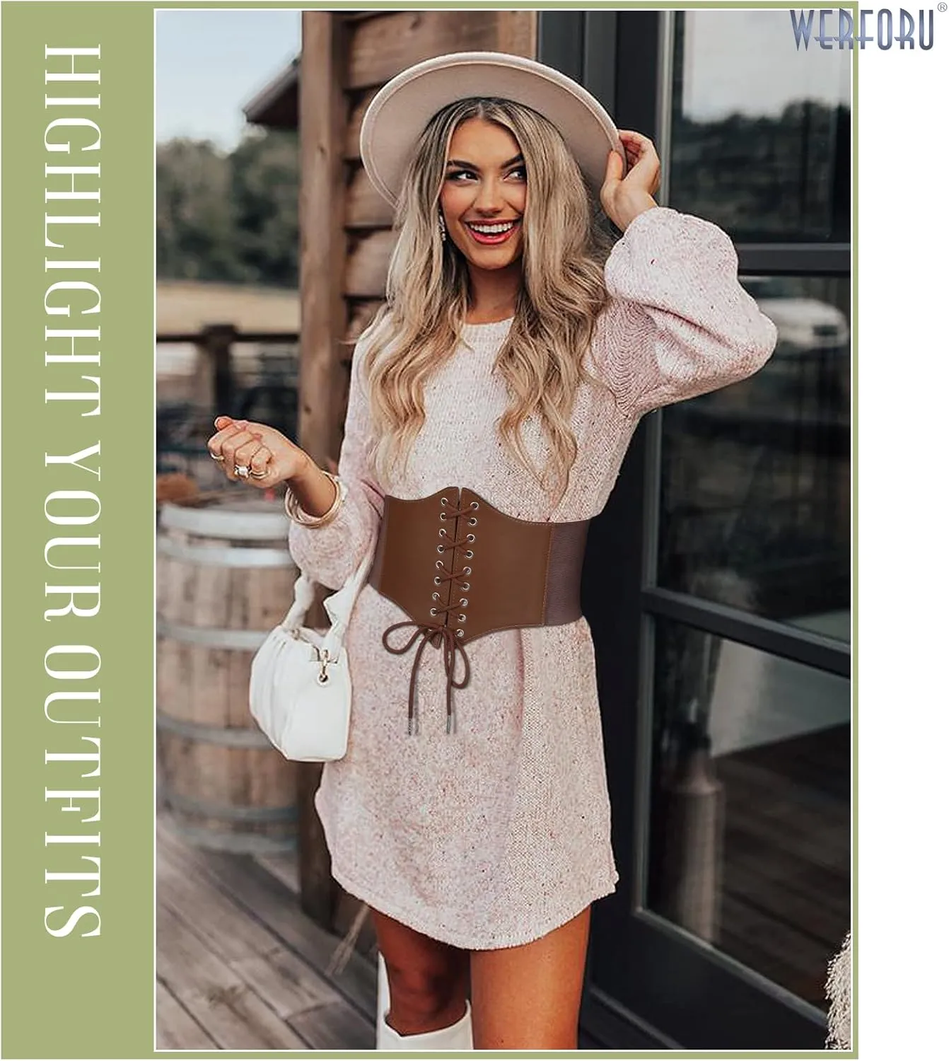 WERFORU Women Corset Elastic Belt Wide Retro Lace-up Tied Costume Waspie Waist Belt for Ladies
