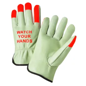 West Chester 995kot, Leather Driver Glove, Orange Fingertips, Watch Your Hands, Dozen (12 pairs)