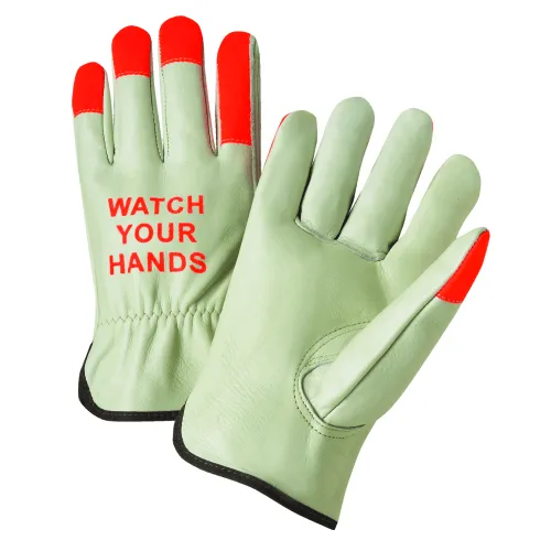 West Chester 995kot, Leather Driver Glove, Orange Fingertips, Watch Your Hands, Dozen (12 pairs)