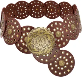 Wide Disc Belt for Women Boho Concho Leather Belts Vintage Western Waist Belt