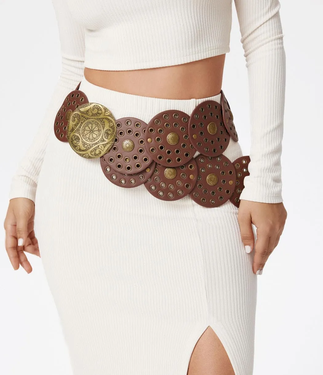 Wide Disc Belt for Women Boho Concho Leather Belts Vintage Western Waist Belt