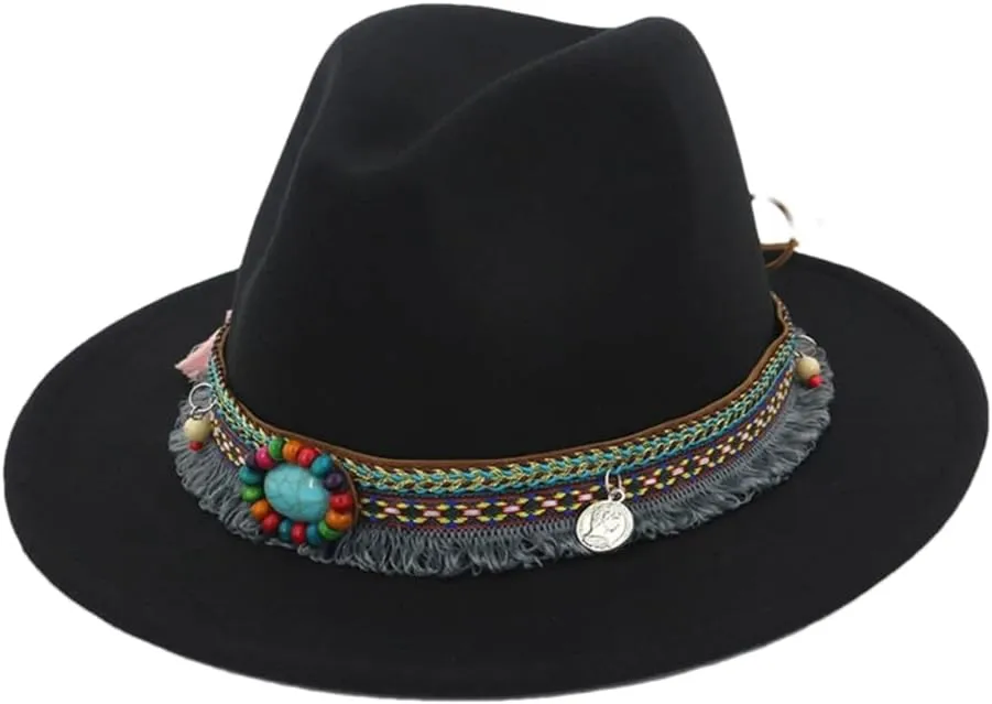 Women's Jazz Fedora Hat Panama Flat Brim Formal Hats Unisex Bowler Black 56to58cm