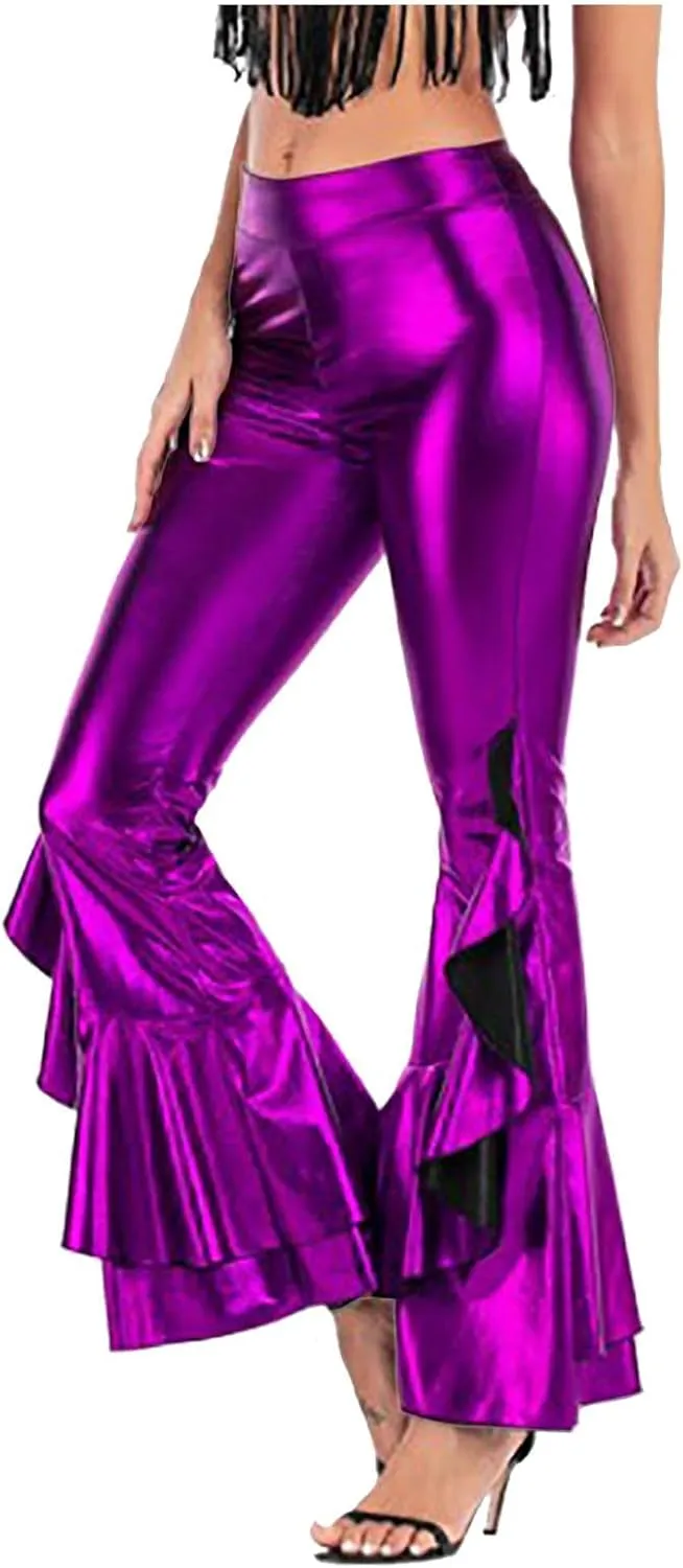 Women's Shiny Metallic Leggings Dressy 70s Vintage High Waisted Bell Bottom Ruffle Flare Dance Palazzo Casual Pants