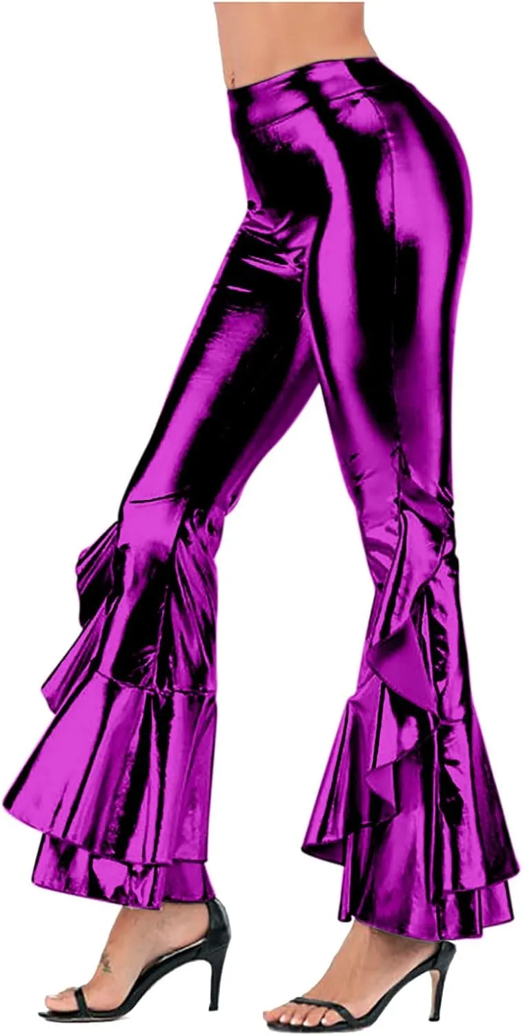 Women's Shiny Metallic Leggings Dressy 70s Vintage High Waisted Bell Bottom Ruffle Flare Dance Palazzo Casual Pants