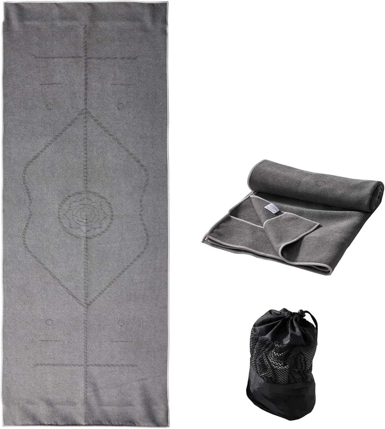 Yoga Mat Towel with Alignment Lines, 72''x24'' Non Slip Pilates Towel with Carrying Bag, Sweat-Wicking and Quick-Drying Exercise Mat Towels Suit for Hot Yoga, Pilates and Fitness (Dark Grey)