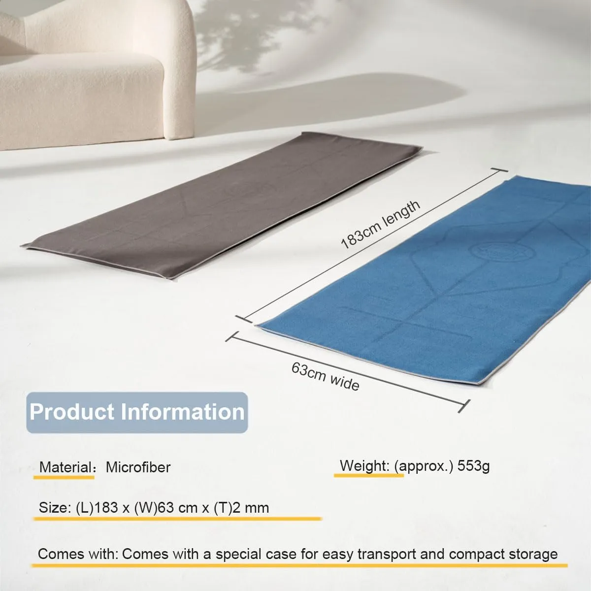 Yoga Mat Towel with Alignment Lines, 72''x24'' Non Slip Pilates Towel with Carrying Bag, Sweat-Wicking and Quick-Drying Exercise Mat Towels Suit for Hot Yoga, Pilates and Fitness (Dark Grey)